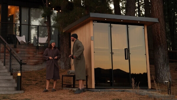 Tylo outdoor sauna installed in a backyard